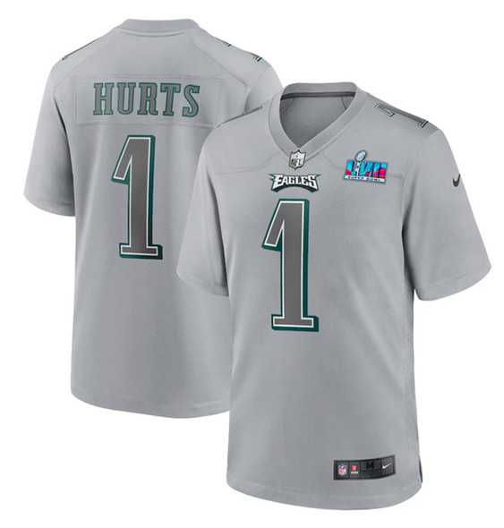 Mens Philadelphia Eagles #1 Jalen Hurts Gray Super Bowl LVII Patch Atmosphere Fashion Stitched Game Jersey